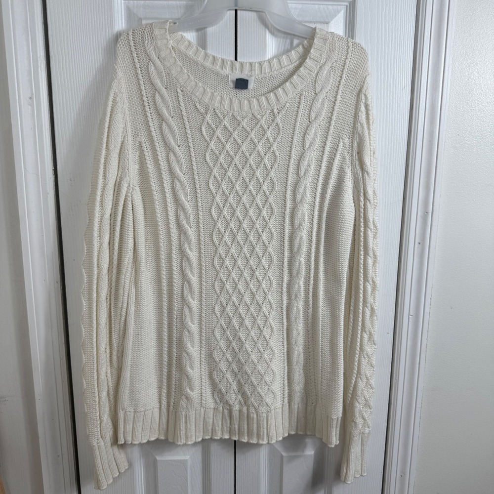 Old Navy Cable Knit Sweater Large Ivory White Cottagecore fisherman